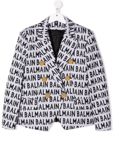 Balmain Kids All-over Logo Double-breasted Blazer (8-16 Years) In Grey
