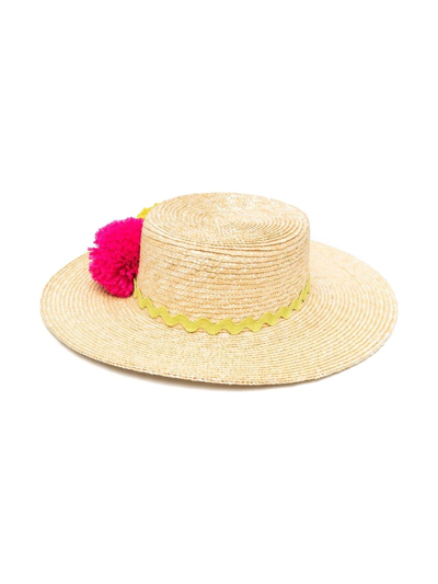 Piccola Ludo Kids' Pompom-detail Interwoven Sun Hat In Neutrals