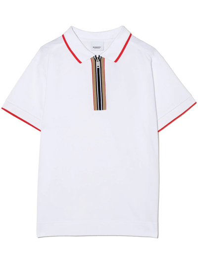 Burberry Teen Icon Stripe Zipped Polo Shirt In White