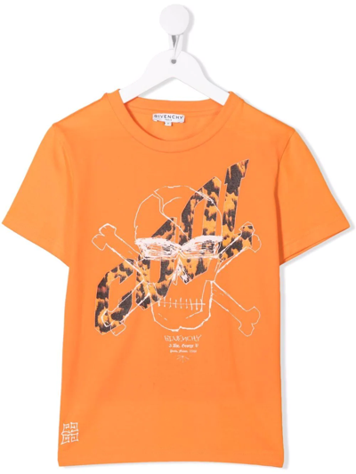 Givenchy Kids' Skull-print Cotton T-shirt In Orange