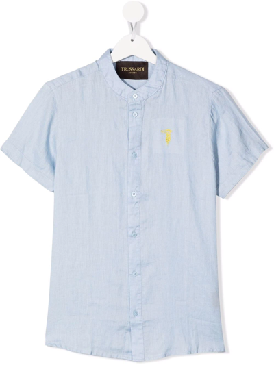 Trussardi Junior Kids' Embroidered-logo Short-sleeved Linen Shirt In Blue