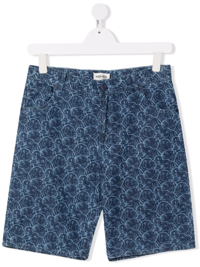 Kenzo Teen Animal-print Denim Shorts In Jeans