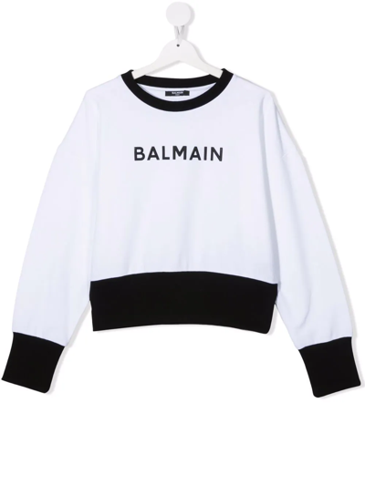 Balmain Teen Logo-print Crew Neck Sweatshirt In White