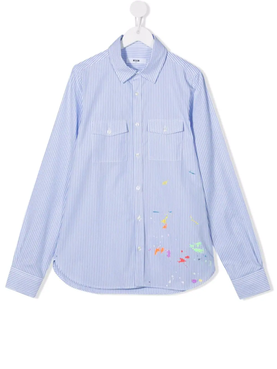 Msgm Kids' Cotton Paint-splatter Detail Shirt In Light Blue