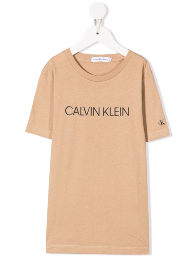 Calvin Klein Kids' Logo-print Cotton T-shirt In Brown