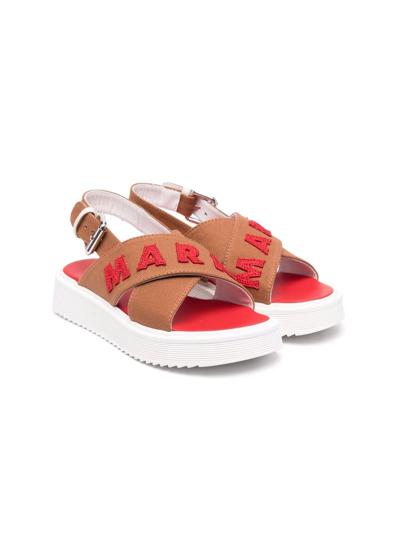 Marni Kids' Embossed-logo Slingback Sandals In Brown