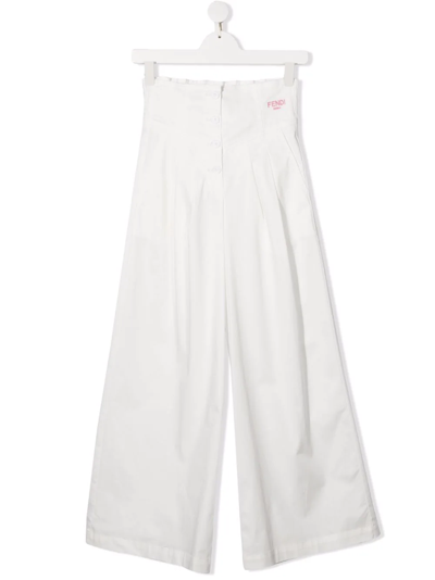 Fendi Teen Embroidered-logo Wide-leg Trousers In White