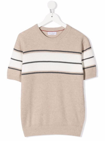 Brunello Cucinelli Kids' Stripe-print T-shirt In Beige