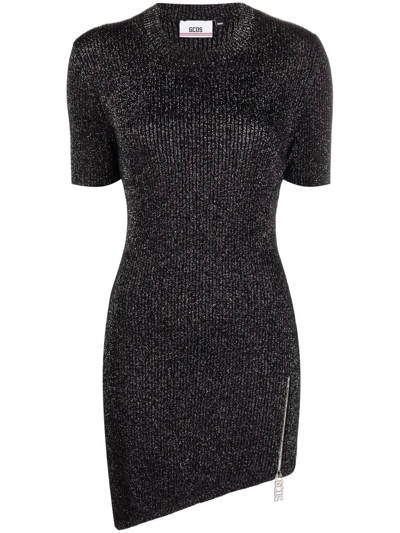 Gcds Zip-charm Lurex Knitted Mini Dress In Black