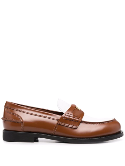 Miu Miu Colorblock Leather Penny Loafers In Cognac/white