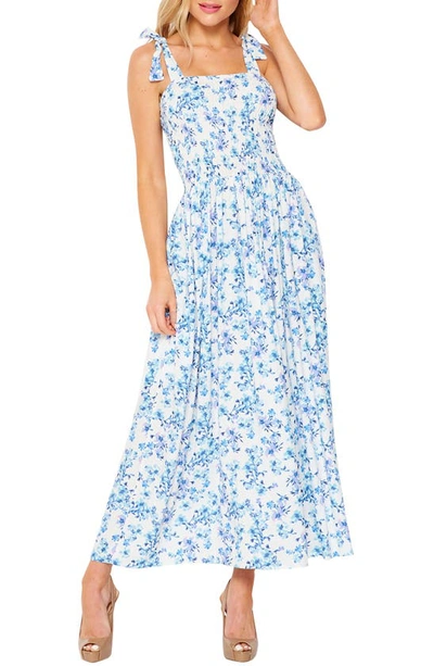 Velvet Torch Ruffle Open Back Maxi Dress In Ivory Blue Floral