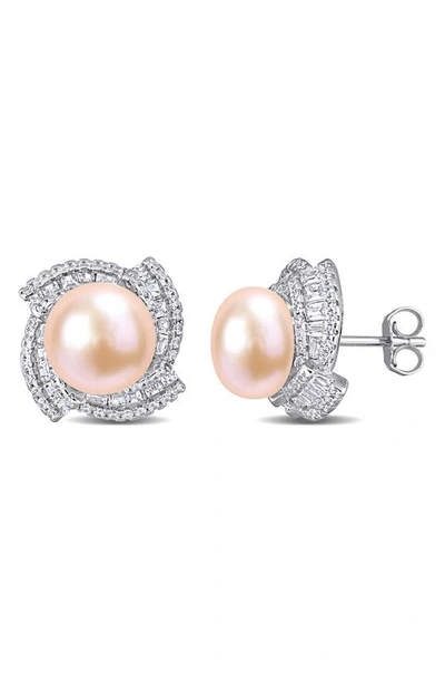 Delmar Sterling Silver 9-9.5mm Pink Cultured Freshwater Pearl Stud Earrings In White