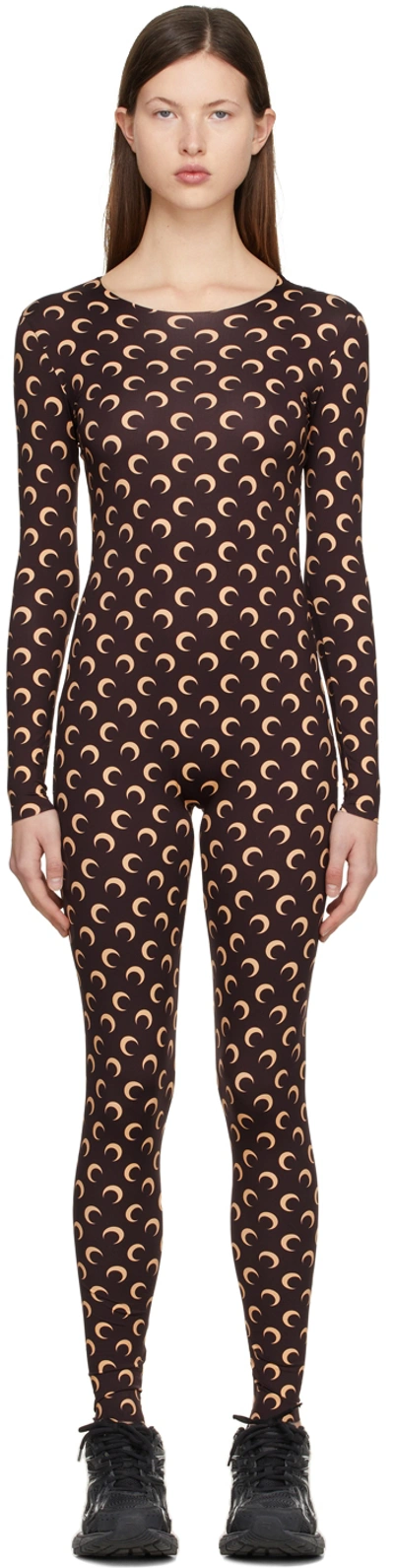 Marine Serre Crescent Moon-print Long-sleeved Jumpsuit In Brown