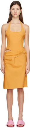 Jacquemus Hielo Cutout Draped Wool-blend Halterneck Mini Dress In Orange,neutral