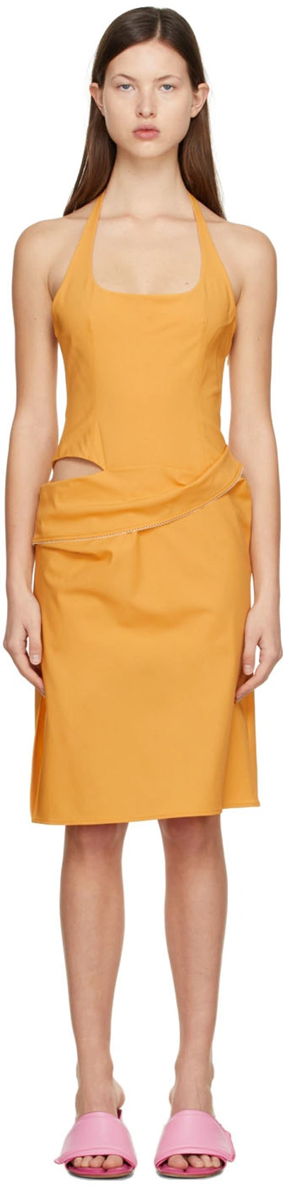 Jacquemus Hielo Cutout Draped Wool-blend Halterneck Mini Dress In Orange,neutral