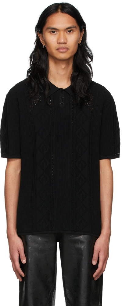 Marine Serre Crescent Moon Pointelle Knit Polo Shirt In Black