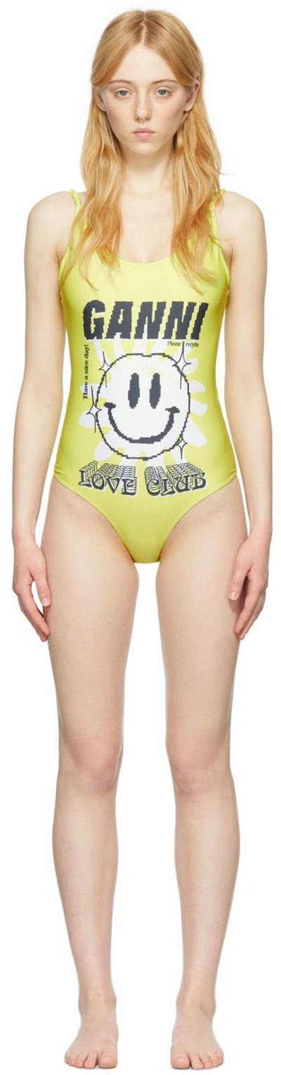 Ganni Recycled Graphic One-piece Swimsuit In Yellow