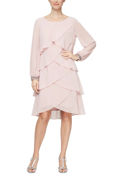Sl Fashions Long Sleeve Tiered Dress In Faded Rose