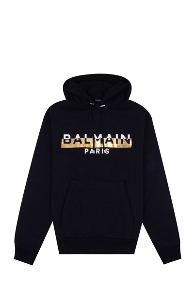 Balmain Foil-logo Cotton-jersey Hooded Sweatshirt In Black