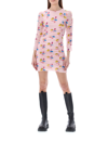 Ganni Ruched Mesh Floral-print Mini Dress In Pink Flower