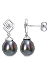 Delmar Sterling Silver 8-9mm Black Tahitian Cultured Pearl White Topaz Drop Earrings In Black