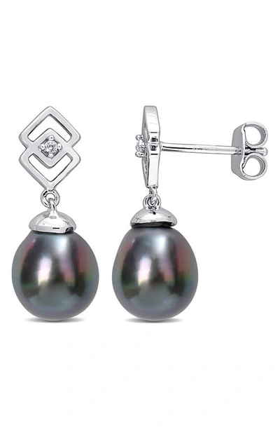 Delmar Sterling Silver 8-9mm Black Tahitian Cultured Pearl White Topaz Drop Earrings