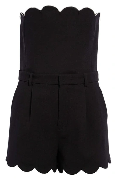 Saint Laurent Scallop Trim Strapless Wool Romper In Black