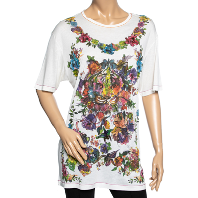Pre-owned Roberto Cavalli White Floral Printed Modal Knit T-shirt S