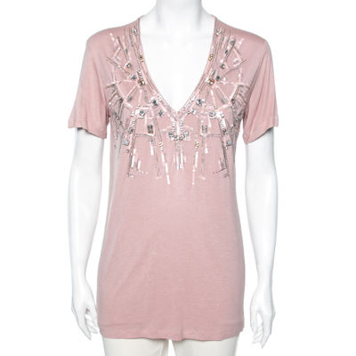 Pre-owned Roberto Cavalli Pink Jersey Embellished V-neck Short Sleeve T-shirt M