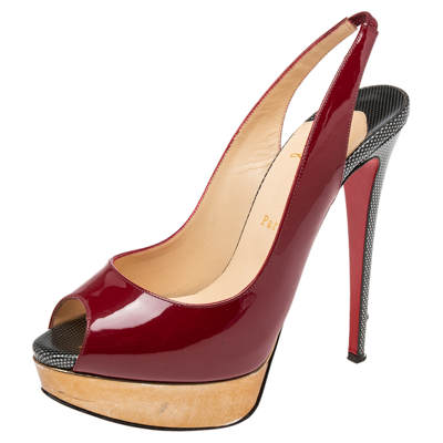 Pre-owned Christian Louboutin Burgundy Patent Leather Lady Peep-toe Slingback Pumps Size 39.5