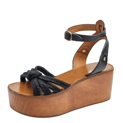 Pre-owned Isabel Marant Black Jute And Leather Knotted Wedge Platform Ankle Strap Sandals Size 36