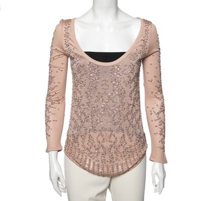 Pre-owned Roberto Cavalli Pink Sequin Embellished Modal Knit Scoop Neck T-shirt S