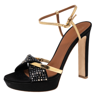 Pre-owned Malone Souliers Gold/black Leather And Crystal Embellished Satin Lauren Platform Sandals Size 39