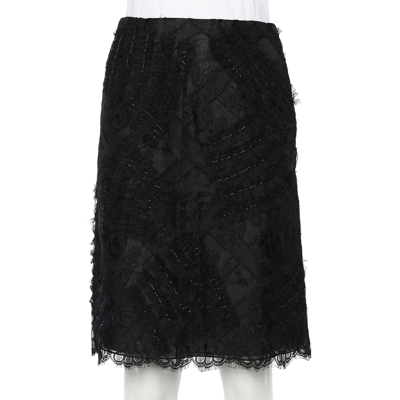 Pre-owned Oscar De La Renta Black Lace & Tulle Embellished Pencil Skirt S