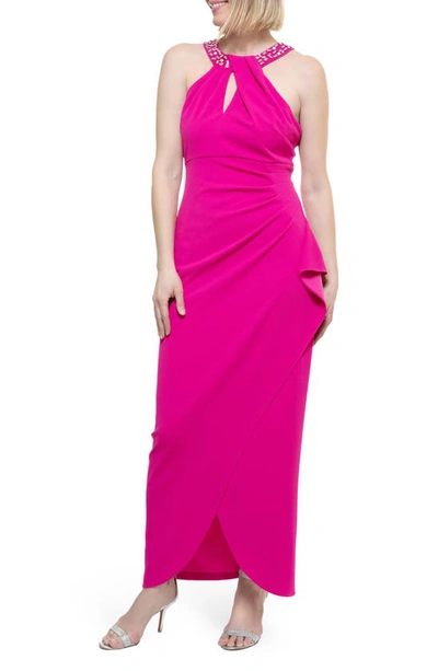 Sl Fashions Crystal Embellished Halter Neck Sleeveless Tulip Maxi Dress In Fuschia