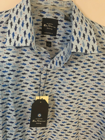 Pre-owned Ben Sherman Nwt Shark Print Button Down Shirt Tailored Slim Fit Men's Large In Blue