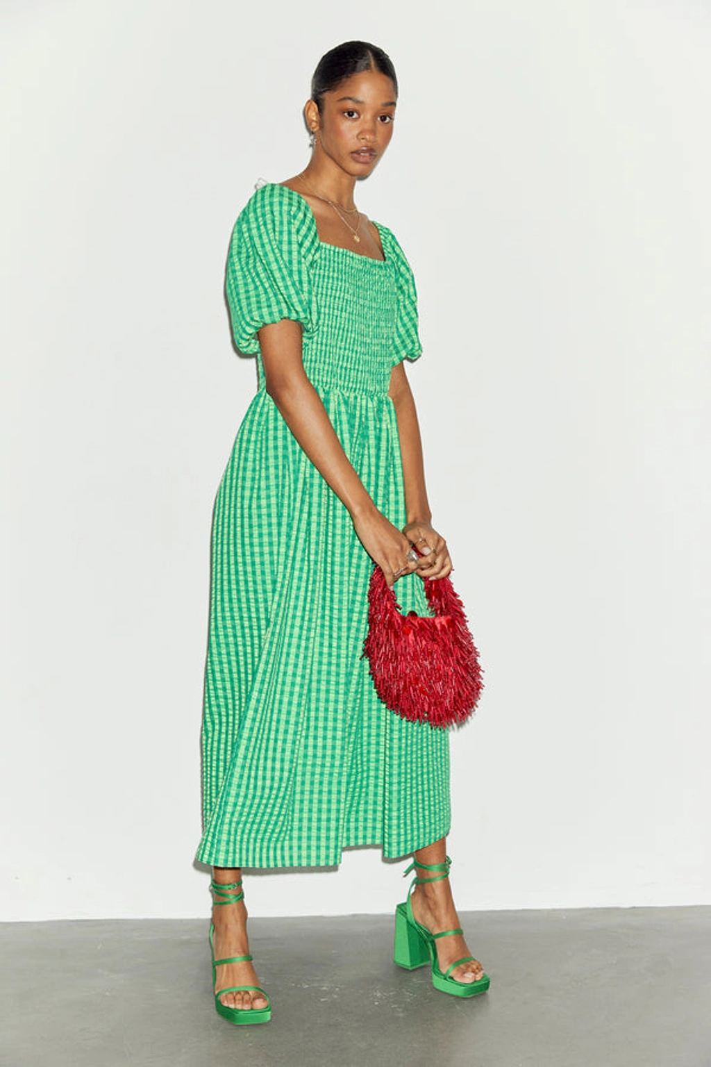 green gingham dress puff sleeve Chic & Modern Off-Shoulder Mother of the Bride Dress Wedding Guest Dress QM3221 US2 / Custom Color