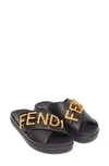 Fendi Logo-embellished Leather Slides In Nero