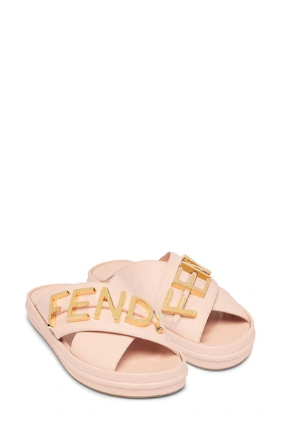 Fendi Leather Criss-cross Logo Slides In Pink