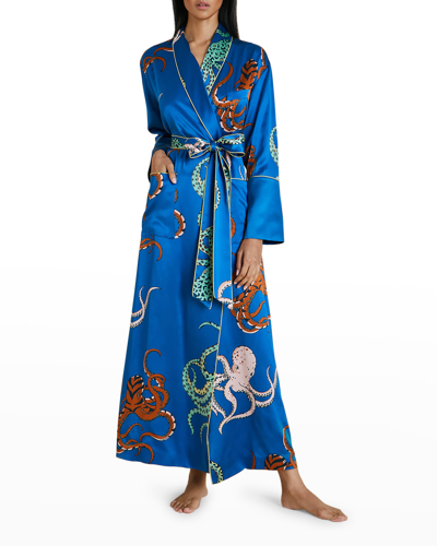 Olivia Von Halle Octopus-print Silk Robe In Azzuro | ModeSens