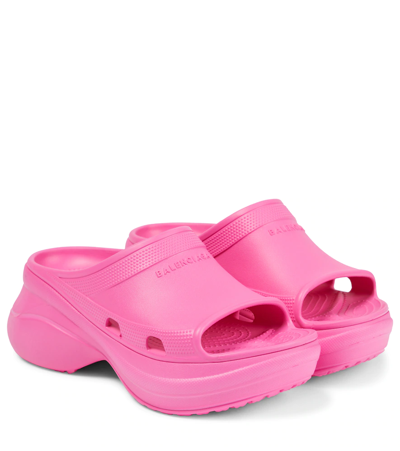 Balenciaga + Crocs Pool Perforated Neon Rubber Slides In Electric Pink
