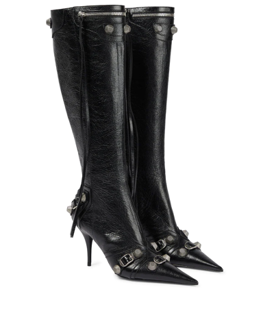 Balenciaga Cagole Embellished Textured-leather Knee Boots In Black