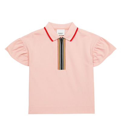 Burberry Kids' Icon Stripe Detail Zip-front Polo Shirt In Light Clay Pink