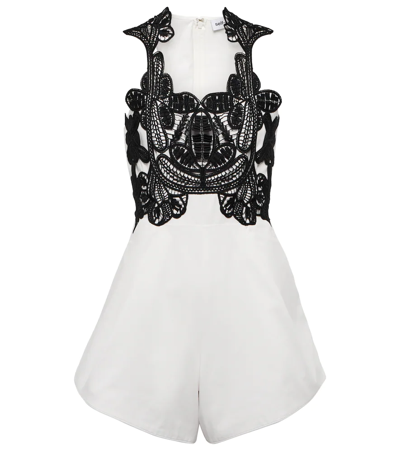 Self-portrait Lace-overlaid Cotton Playsuit In White