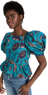 Ulla Johnson Carlotta Puff Sleeve Printed Poplin Top In Lagoon