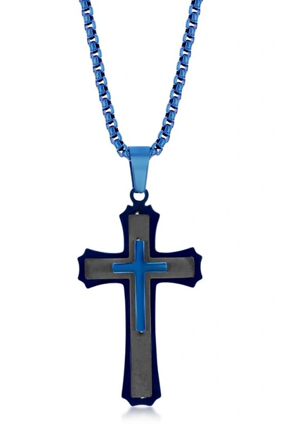 Blackjack Two-tone Stainless Steel Cross Pendant Necklace In Black/ Blue