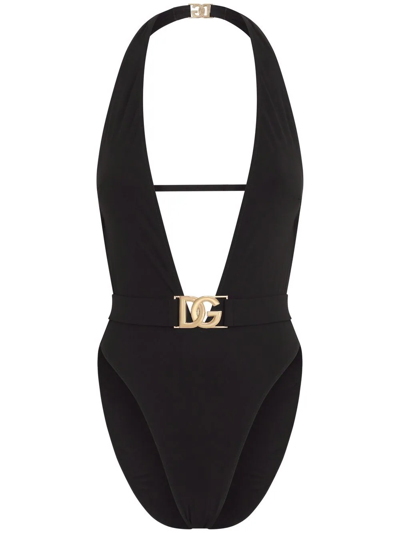 DOLCE & GABBANA PLUNGE-NECK BELTED SWIMSUIT