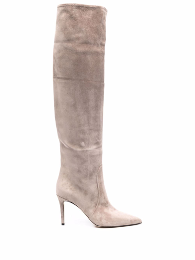 Scarosso X Brian Atwood Carra Suede Boots In Taupe Suede