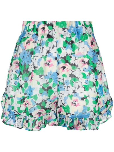 Ganni Ruffle-trim Floral Shorts In Blau