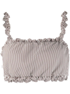 Ganni Ruched Striped Bikini Top In Braun